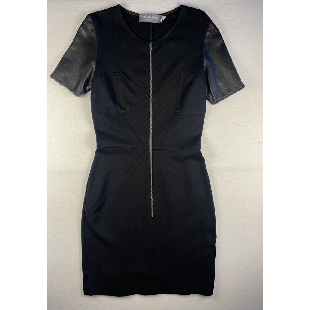 Hunter Dixon by Hunter Bell Black Stretch Dress S Faux Leather Sleeves Zip Front